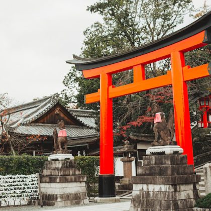 Torii red wooden gate Japan traditional in Shinto shrines temple entrance symbol of transition from the mundane to the sacred